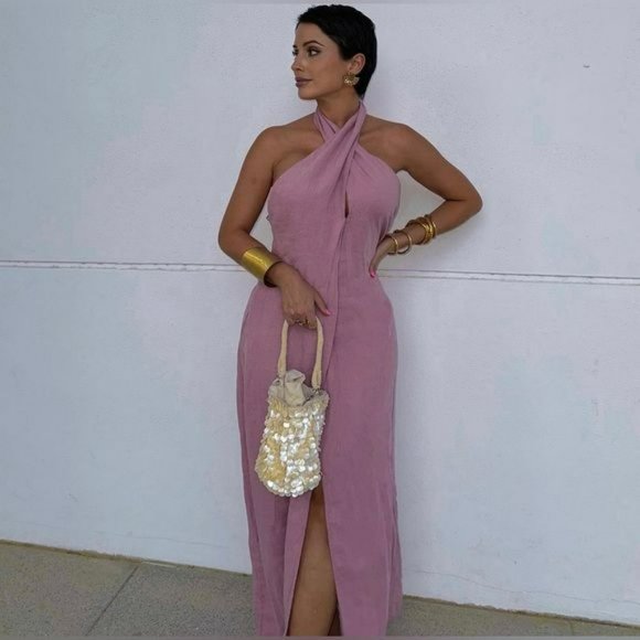 ZARA LINEN HALTER DRESS NWT - Picture 1 of 10